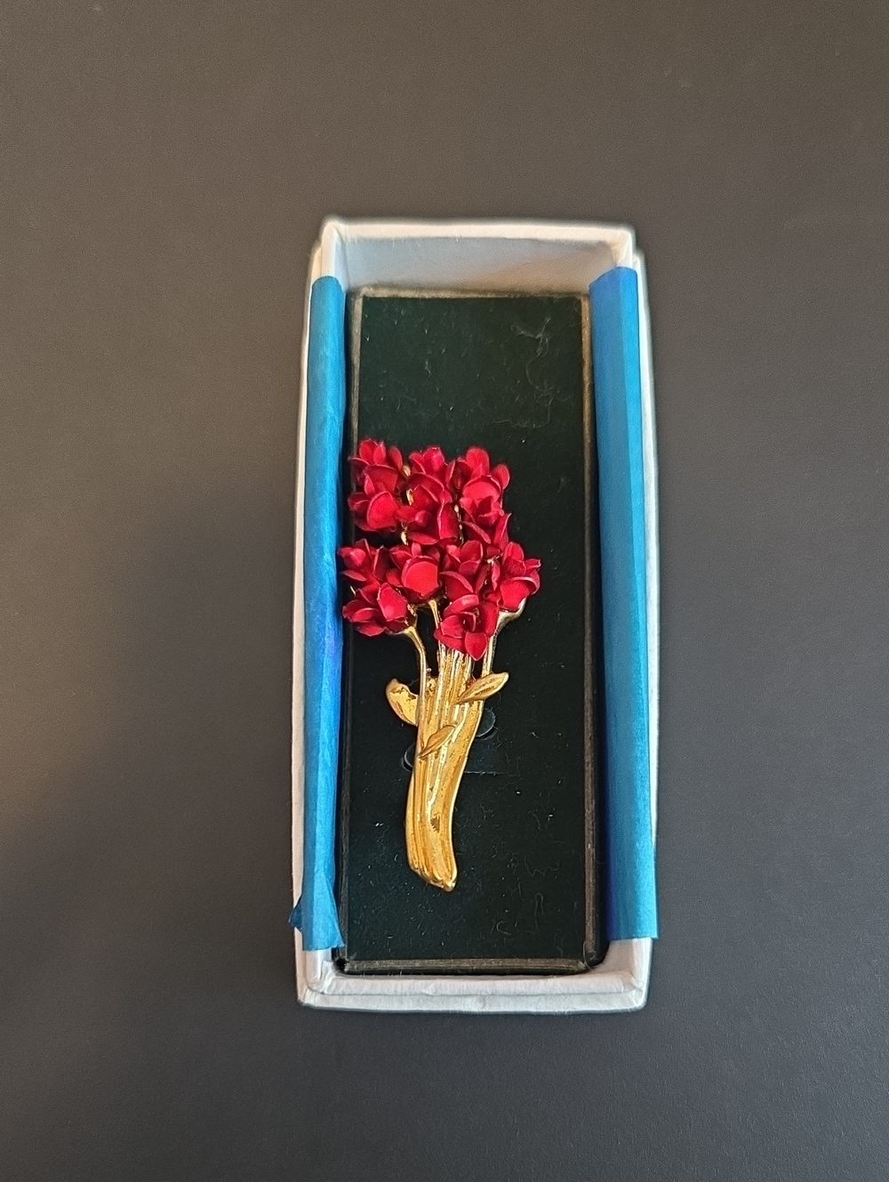 Gold Tone Floral Bouquet Brooch with Red Flowers